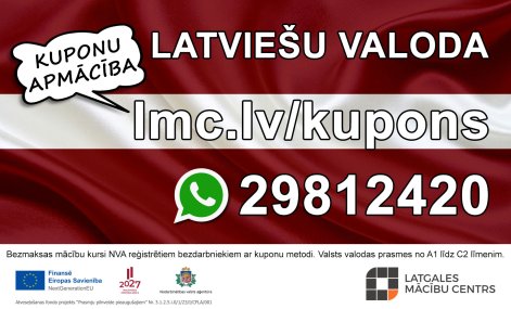 Bezmaksas latviešu valodas mācību kursi NVA reģistrētiem bezdarbniekiem ar kuponu metodi. Valsts valodas prasmes no A1 līdz C2 līmenim.